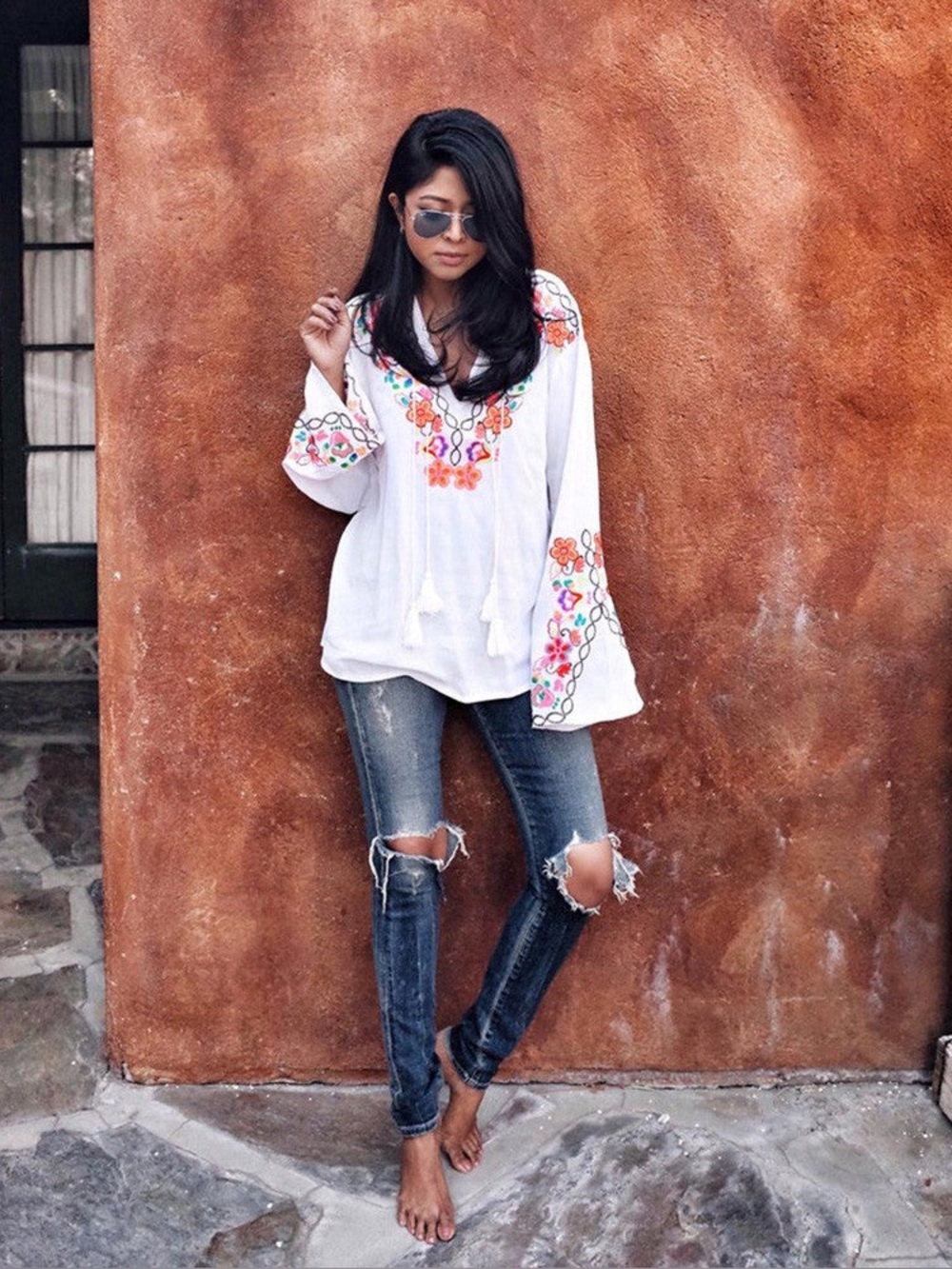 MISA Los Angeles Odel Blouse - White Embroidered V-Neck Boho Top with Tassels